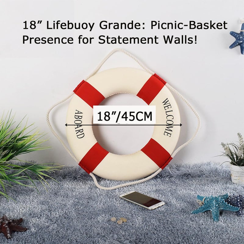 MorroMorn Lifebuoy Wall Hanging Decor - Welcome Aboard Mediterranean Style Home Decoration (Red, 18") - Image 2